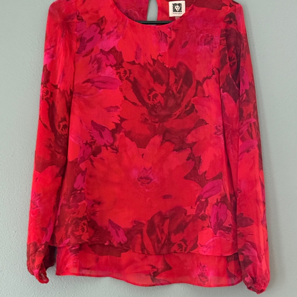 Anne Klein Red and Black Long Sleeve Blouse
